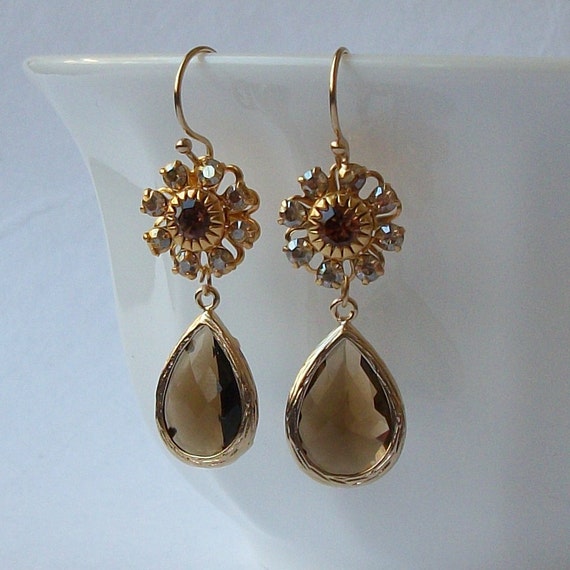 Brown Topaz Crystal Drop Gold Earrings Birthstone by PeriniDesigns