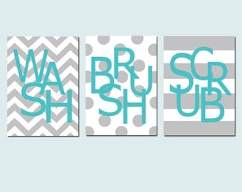 Kids Bathroom Wall Art Print Set - Pick THREE 5x7 Prints - Wash, Brush, Soak, Splish, Splash, Flush, Scrub - Choose Your Colors