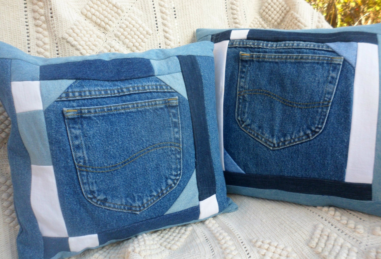 Blue Jean Pillow Covers Denim Patchwork Set of 2 Upcycled