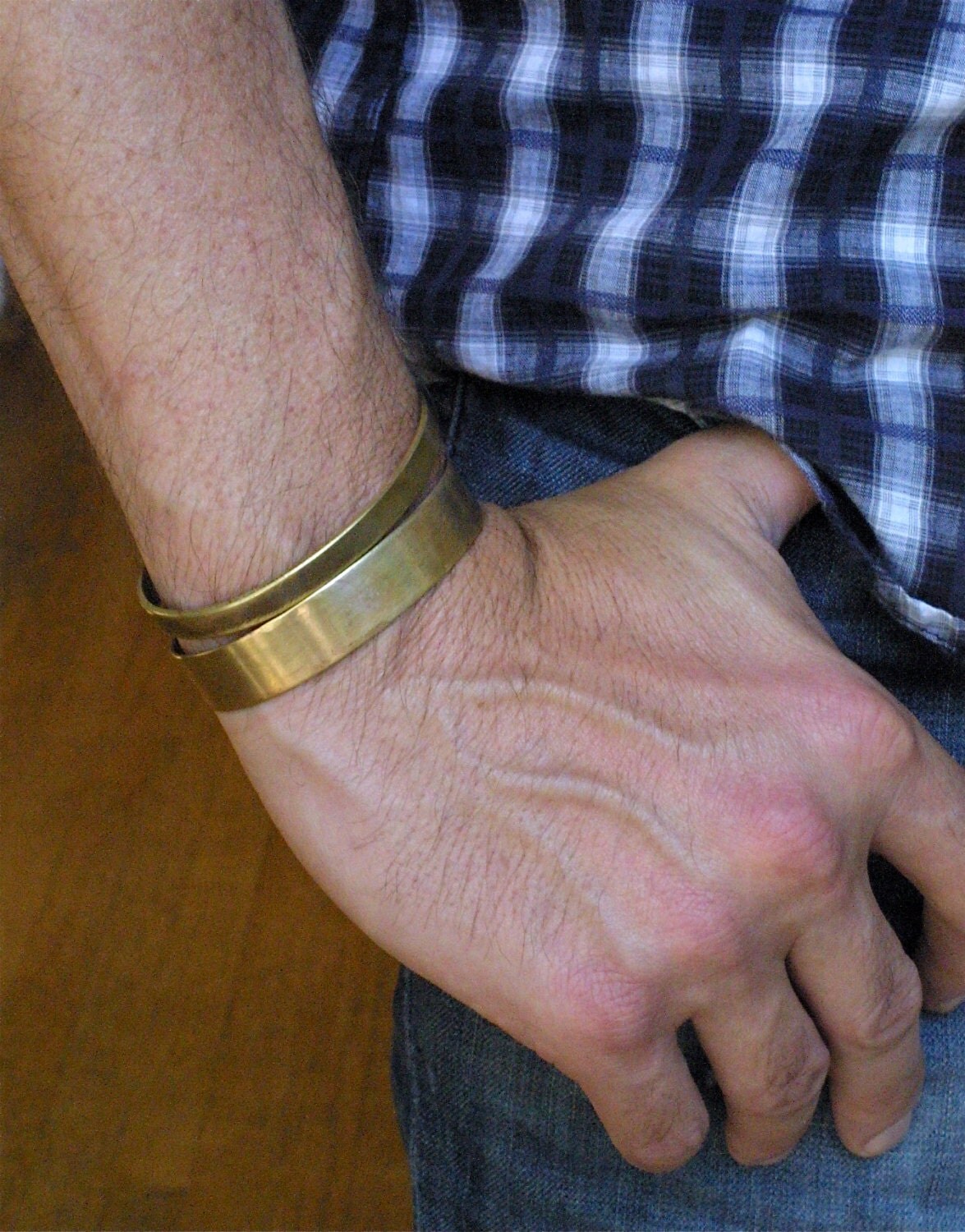 Mens Rustic and Tarnished Slender Brass Cuff Bracelet
