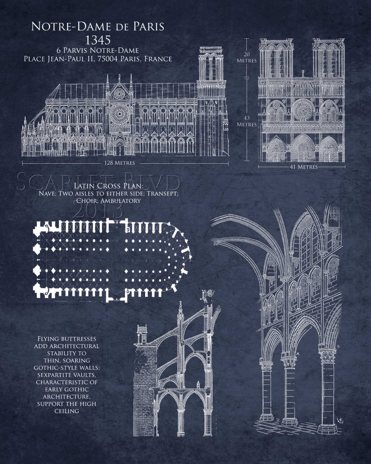 Notre Dame de Paris cathedral blueprint art print by ScarletBlvd