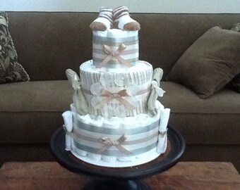 Gender Neutral Diaper cake Cream and greys Baby shower gift centerpiece