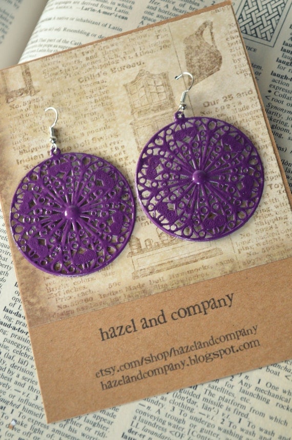 Large Purple Metal Filigree Boho Earrings Dangle Dangly Lacy Lace Bohemian Hippie Chic