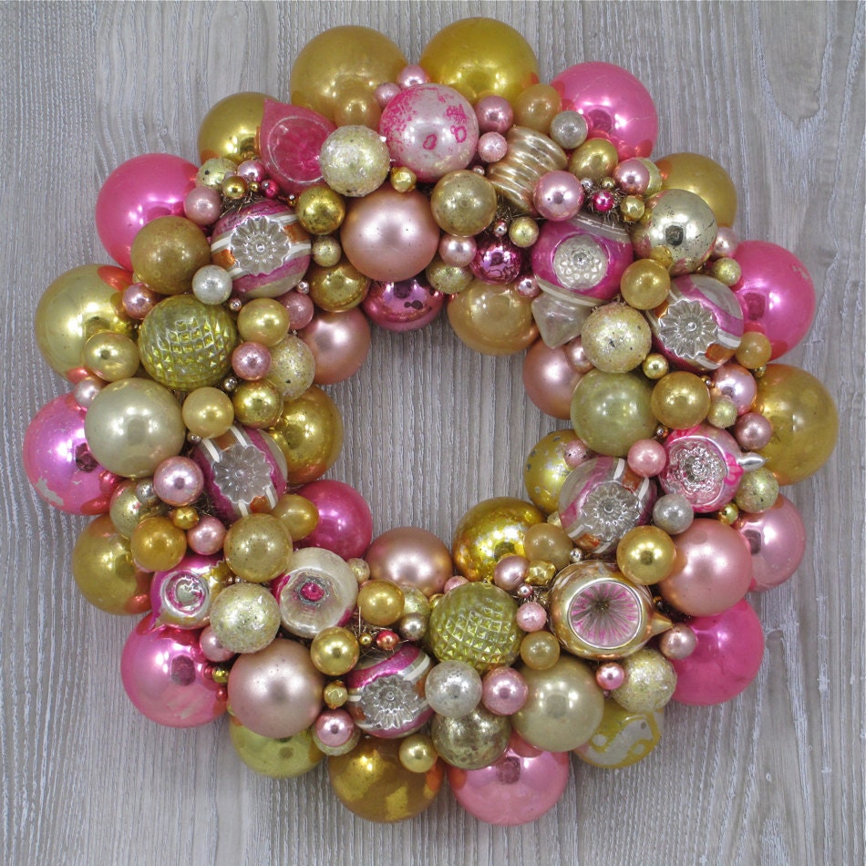 faded pink and gold christmas ornament wreath with vintage faded pink and gold christmas ornament wreath with vintage