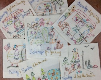 Happy's Camper, Hand Embroidery Pattern. 7 designs depicting the fun-filled days of Happy, her dog and her camper. NOT Iron-On!
