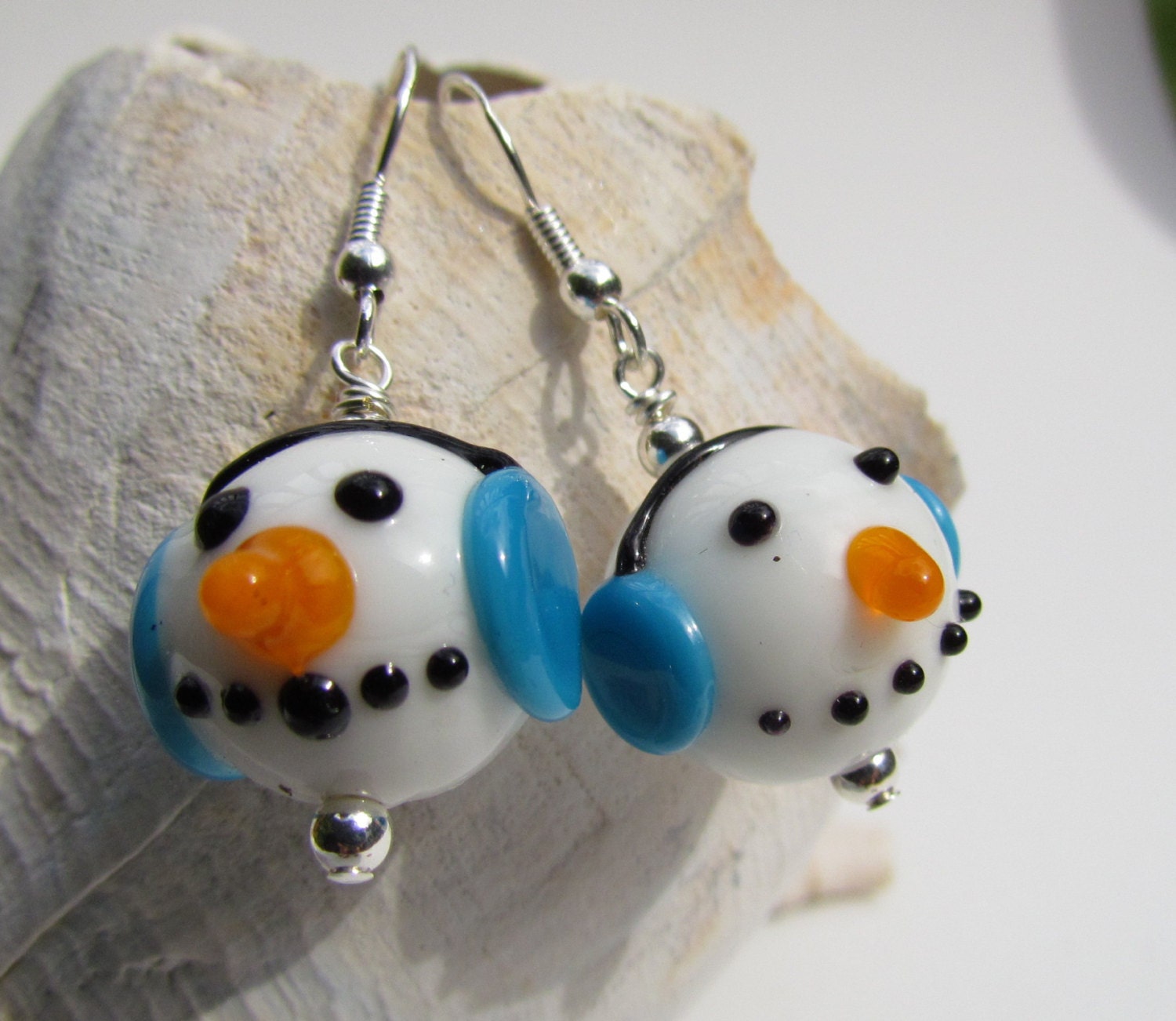 Snowman Earrings Lampwork Beads White and Blue Handmade by
