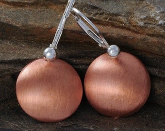 Brushed Copper Earrings, Mixed Metal Earrings, Copper and Sterling Silver Earrings, Copprt Disk Earrings
