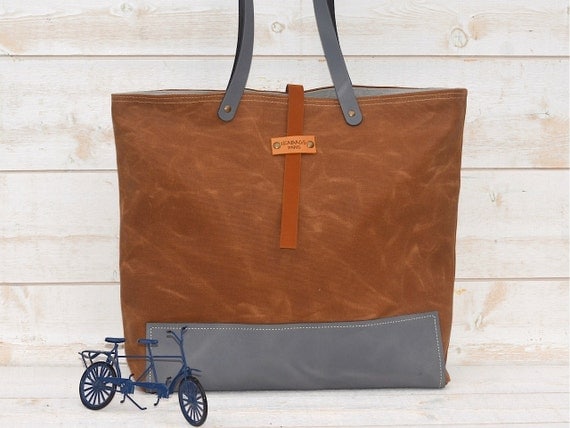 Waxed canvas bag carry all with Leather Handles by ikabags