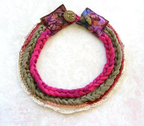 Crochet Necklace Layered Batik Fabric Vintage by meiguidesigns