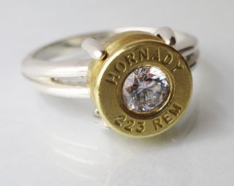 Solid Sterling Silver Bullet ring w ith CZ - brass case - CZ - solid ...