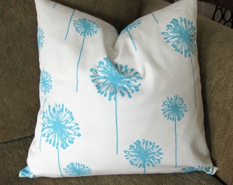 One Decorative Pillow Cover, 18" x 18", Dandelion Print, in Aqua and White, Zipper Closure, Washable