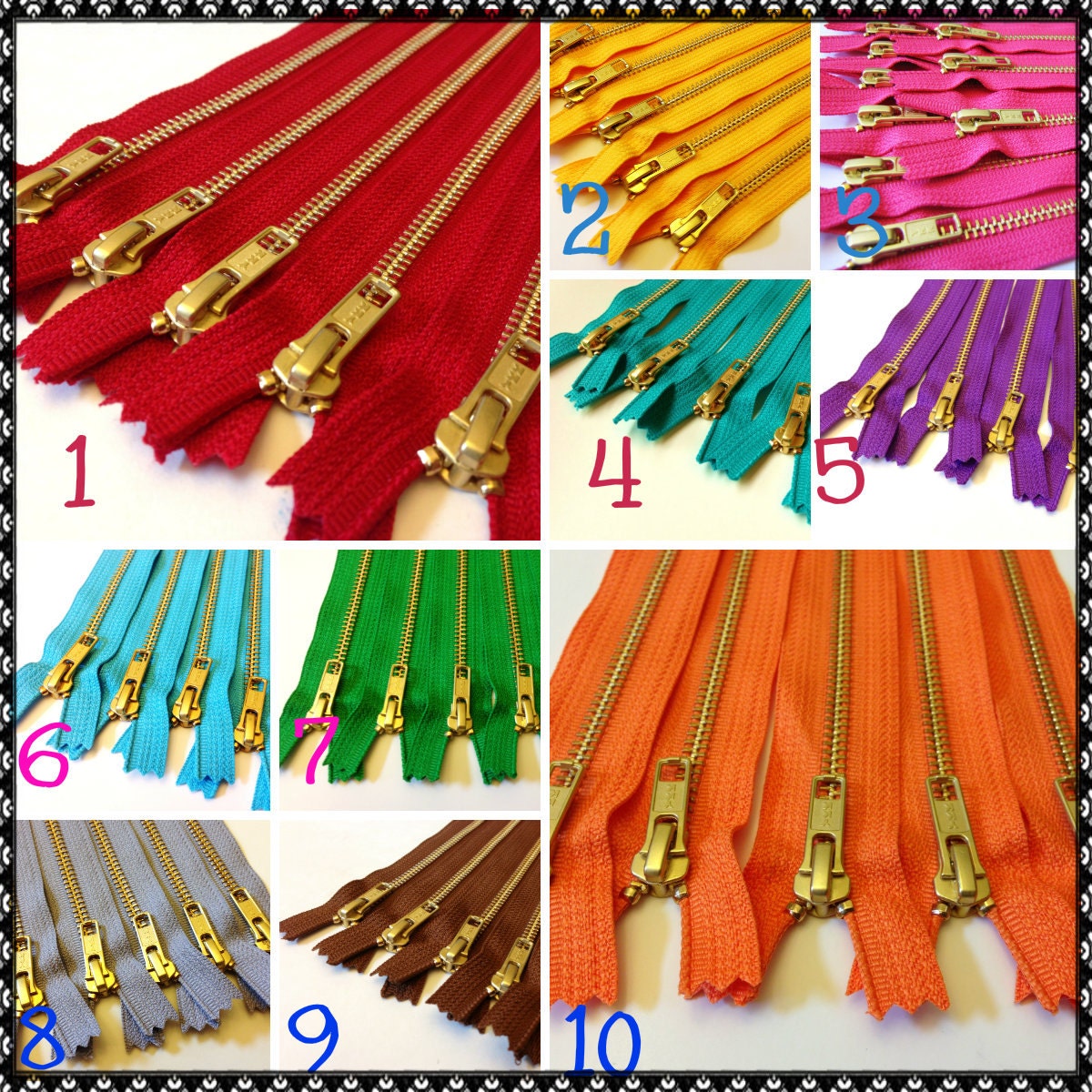 Metal zippers 9 inch brass YKK zips gold teeth Choose 25