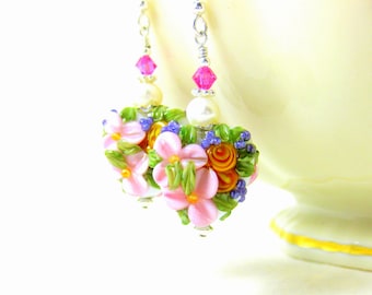 Heart Earrings, Garden Wedding, Floral Jewelry, Lampwork Earrings, Nature Jewelry, Light Pink Yellow Earrings, Pastel Flower Earrings Amy