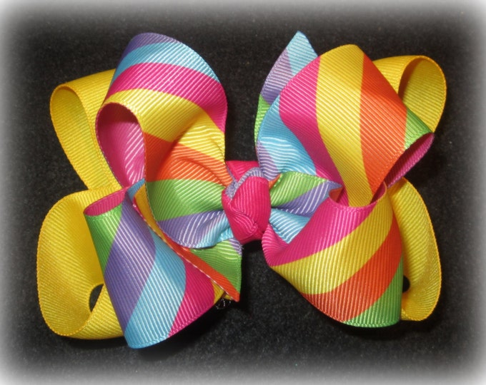 Rainbow Hairbow, Striped Bow, Girls Boutique Bow, Bright Hairbow, Double Layered Bow, Stripes Hairbow, colorful Bows, Big Boutique Bow, baby