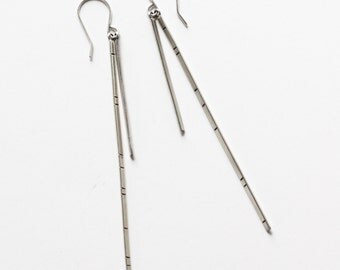 Long dangle silver earrings with chisel marks, simple yet striking design for everyday wear, modern and edgy pair - "Chisel Earrings"