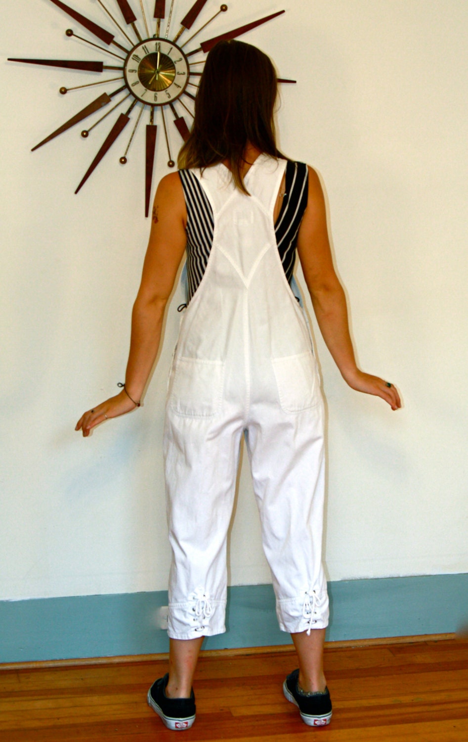 Vintage 80s White Overalls Long Dungarees Cargo Pockets