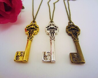 Best friend gift. Friendship necklaces. Key jewelry, long necklaces. Silver, gold, bronze. Skeleton key necklaces.