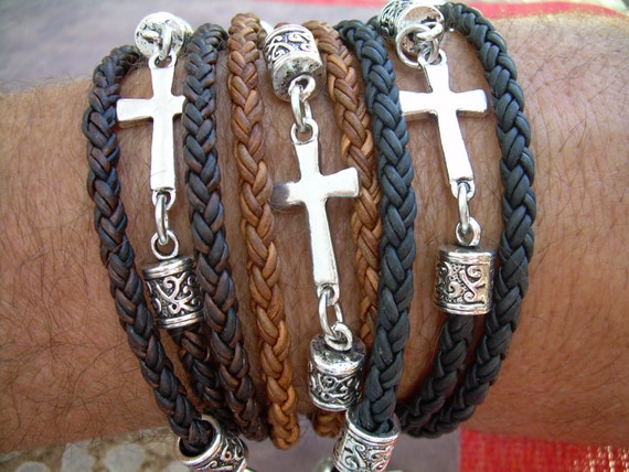 Leather Wrap Cross Bracelet Religious Gift Mens Bracelet