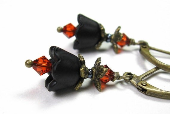 Halloween Jewelry, Orange and Black, Dangle Earrings, Swarovski Crystal, Goth, Sexy Witch, Costume, Vampira, Elvira, Morticia