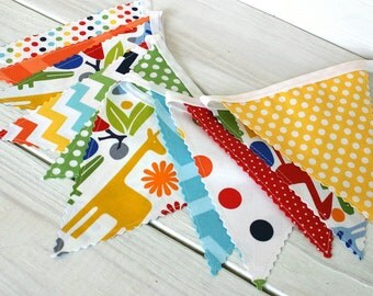 Bunting, Fabric Banner, Fabric Flags, Animals, 2D Zoo, Giraffe, Circus, Primary Rainbow Nursery Decor, Birthday Decoration - Day at the Zoo