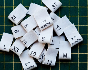 Clothing Size Tags, organic cotton sew in size labels, pack of 20 (shirt labels)