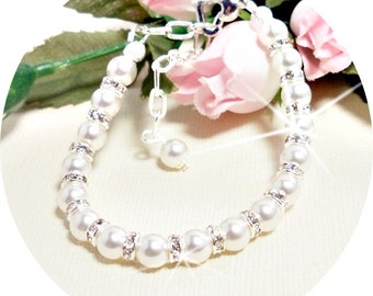 Girls Bracelet, Pearl Bracelet, Rhinestone, Glitz, Flower Girl, Pageant Jewelry, Kids Jewelry, Toddler Jewelry