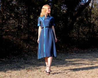 Vintage 1950s Dress in Metallic Blue Taffeta . Mid Century Mad Men Style Womens Small / Medium