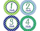 Baby Month Stickers Monthly Milestone Stickers Baby Boy Blue Green Polka Dot First Year Month Stickers Baby Shower Gift and Photo Prop - Ed Il_170x135