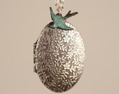 Long Silver Locket Pendant, Leaf Locket Necklace, Oval Locket, Floral Long Necklace, Flower Silver Jewelry, Blue Bird Locket