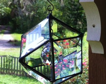 Stained Glass Beveled Glass Sun Catcher with Lead Crystal Orb Center