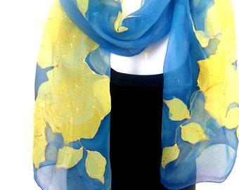 Hand Painted Silk Scarf, Sky Blue Golden Yellow, Roses Silk Scarf, Floral, Silk Chiffon Scarf, Gift For Her