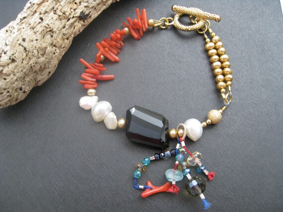Items similar to Coral Bracelet, Pearl Bracelet, Charm Bracelet ...