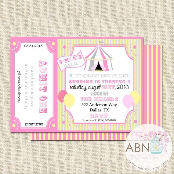 Circus Carnival Birthday Invitation Printable - Under The Big Top - Pink and Yellow - DIY PRINTABLE - By A Blissful Nest Il_570xn