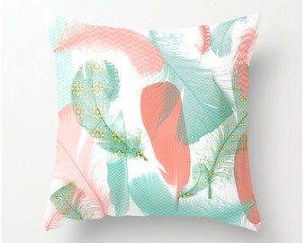 Featured in Better Homes & Gardens mag August 2016-- Feathers Decorative Throw Pillow mint and peach pillow, home and dorm decor