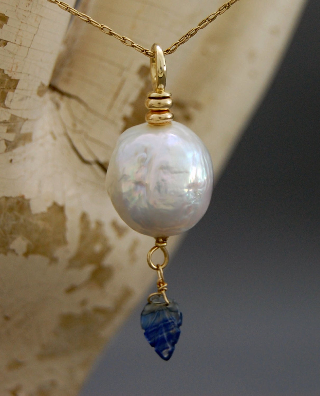 Aine Large nucleate pearl pendant sapphire gold by LusterWear