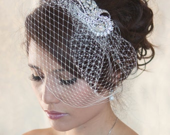 Wedding Birdcage Veil with Crystal rhinestone brooch VI01 Comb or Headband.