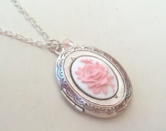 Silver Locket, English Rose Locket Necklace, Flower Locket, Silver Cameo Locket, Pink Rose Locket