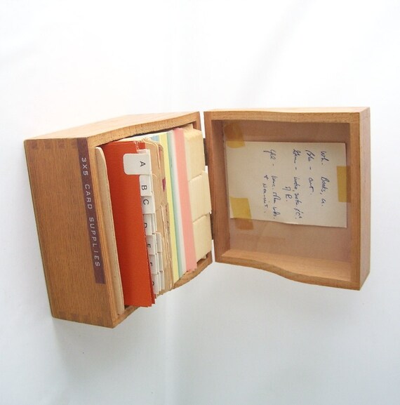 vintage wood box index card file organizer address holder