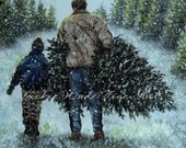 Bringing Home the Christmas Tree Art Print, dad and son, choosing, buying Christmas tree, father son, Vickie Wade art