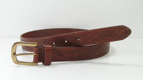 tooled leather western belt womens 28 30 medium by moivintage