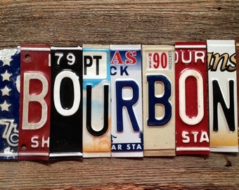 BOURBON license plate sign tomboyART art recycled upcycled pig BBQ whiskey rye american pie