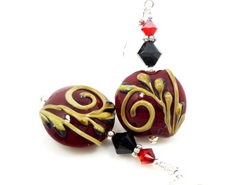 Red Scroll Earrings, Lampwork Earrings, Glass Earrings, Glass Bead Earrings, Beadwork Earrings, Unique Earrings, Glass Art Earrings