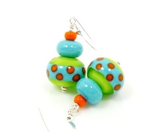 Lime and Turquoise Blue Earrings, Lampwork Earrings, Polka Dot Earrings, Glass Earrings, Glass Bead Earrings, Southwestern Earrings