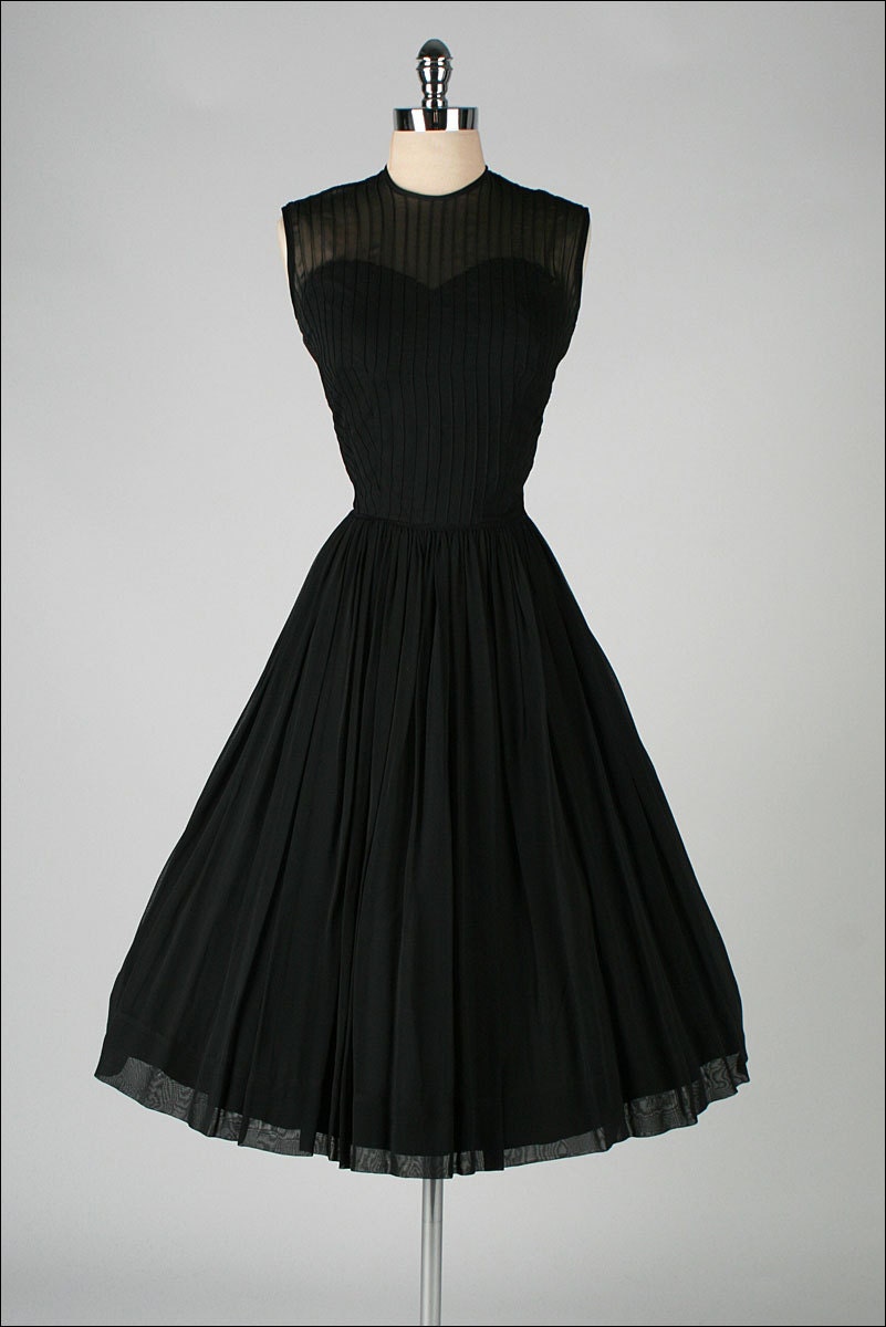 vintage 1950s dress . black illusion . chiffon crepe . 3040