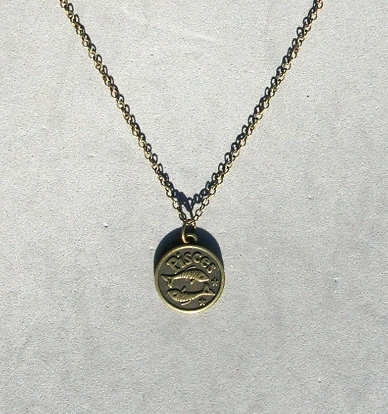 Antique Bronze Zodiac Pisces Pendant on Bronze Necklace