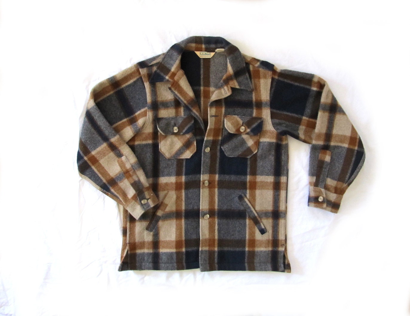 vintage wool jacket mens 1980s ll bean plaid blue brown