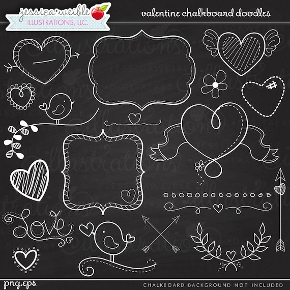 Valentine Chalkboard  Doodles Digital Clipart  Commercial Use