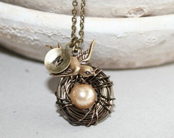 Bird Nest Necklace with Custom Initial, One Egg Nest, Personalized Bird Nest Necklace with Initial, Mothers Necklace, Monogram Nest