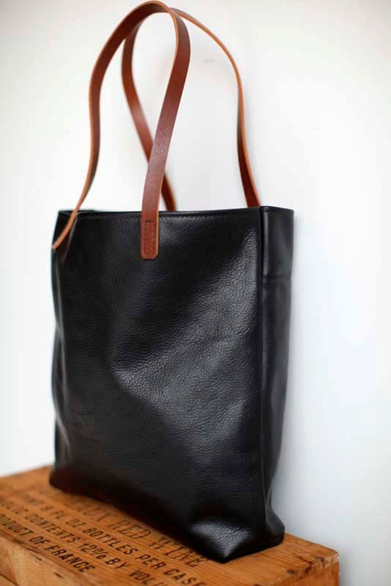 Supple Black Leather Tote Bag with Brown leather straps , Carryall laptop bag , Large Leather Tote