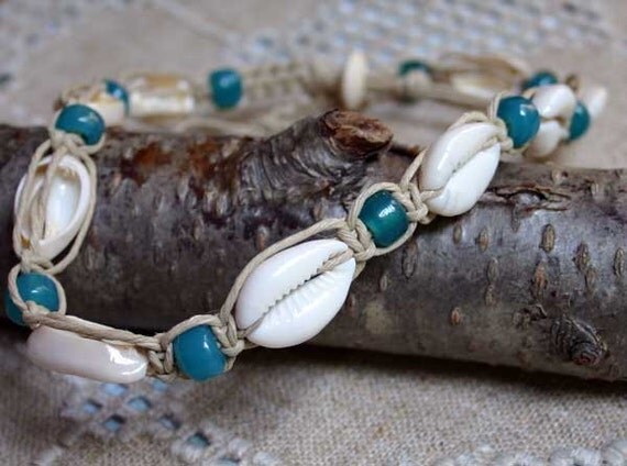 Hemp Necklace with Cowrie Shells and Glass by SunnyBeachJewelry